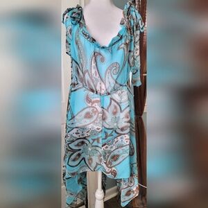Y2K Aysemetric Tunic Tank Women's 1X Blue & Brown Paisley Sheer By Pink Mode